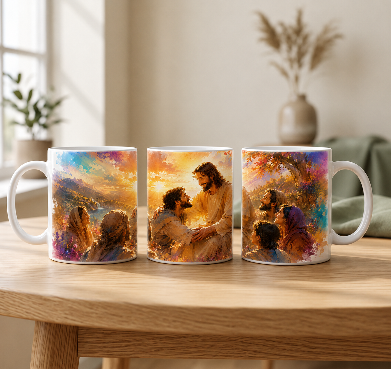 Drei Ansichten einer christlichen Jesus Tasse mit Menschen, Berglandschaft und farbenfrohem Aquarellmotiv