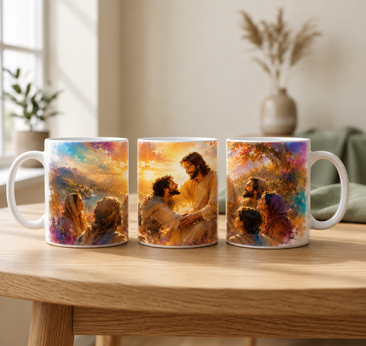 Drei Ansichten einer christlichen Jesus Tasse mit Menschen, Berglandschaft und farbenfrohem Aquarellmotiv