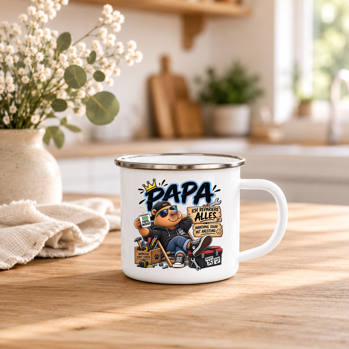 Emaille Becher Papa mit Handwerker Motiv – lustiges Geschenk für Papa