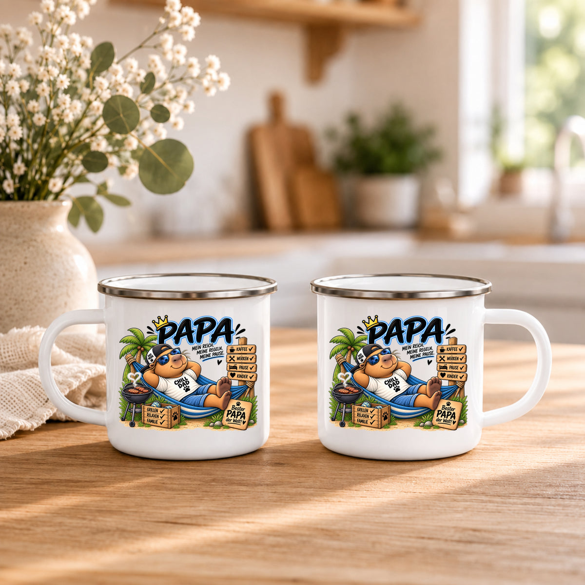 Emaille Becher Papa mit beidseitigem Chill Dad Motiv – lustiges Geschenk für Väter