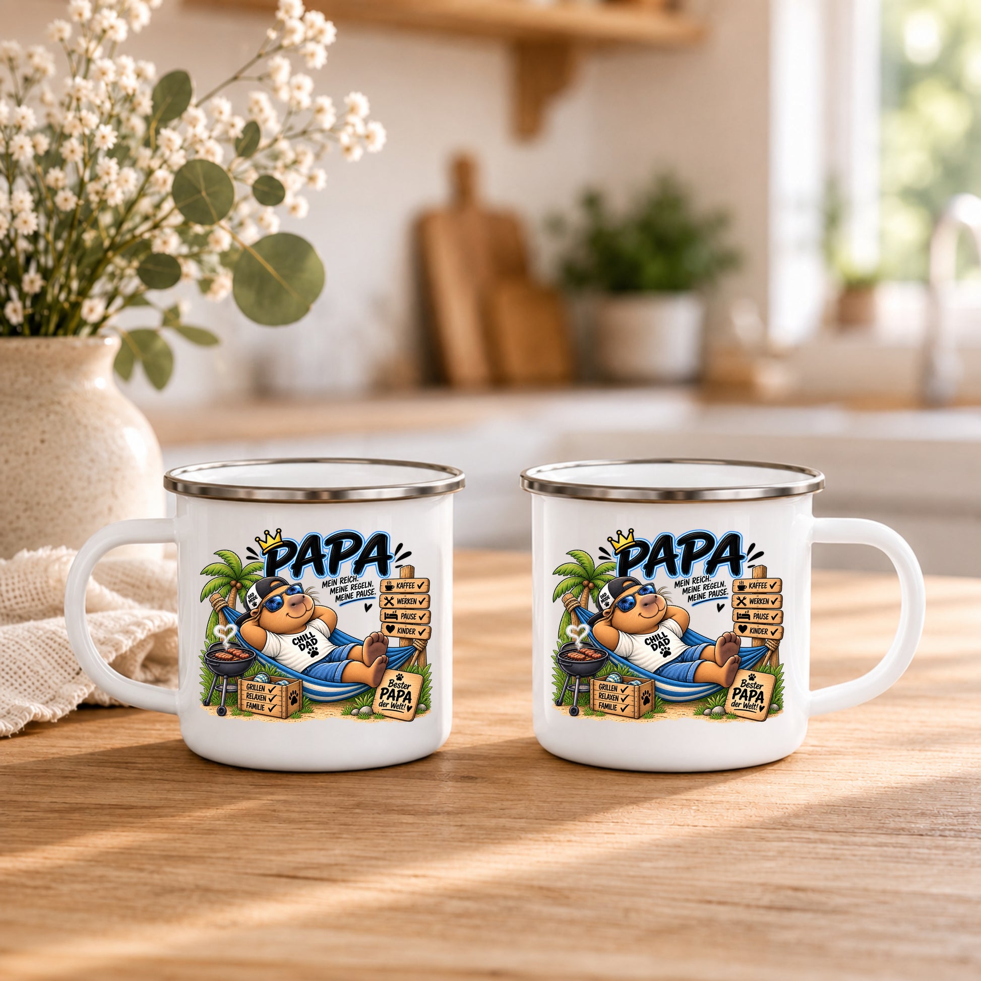 Emaille Becher Papa mit beidseitigem Chill Dad Motiv – lustiges Geschenk für Väter