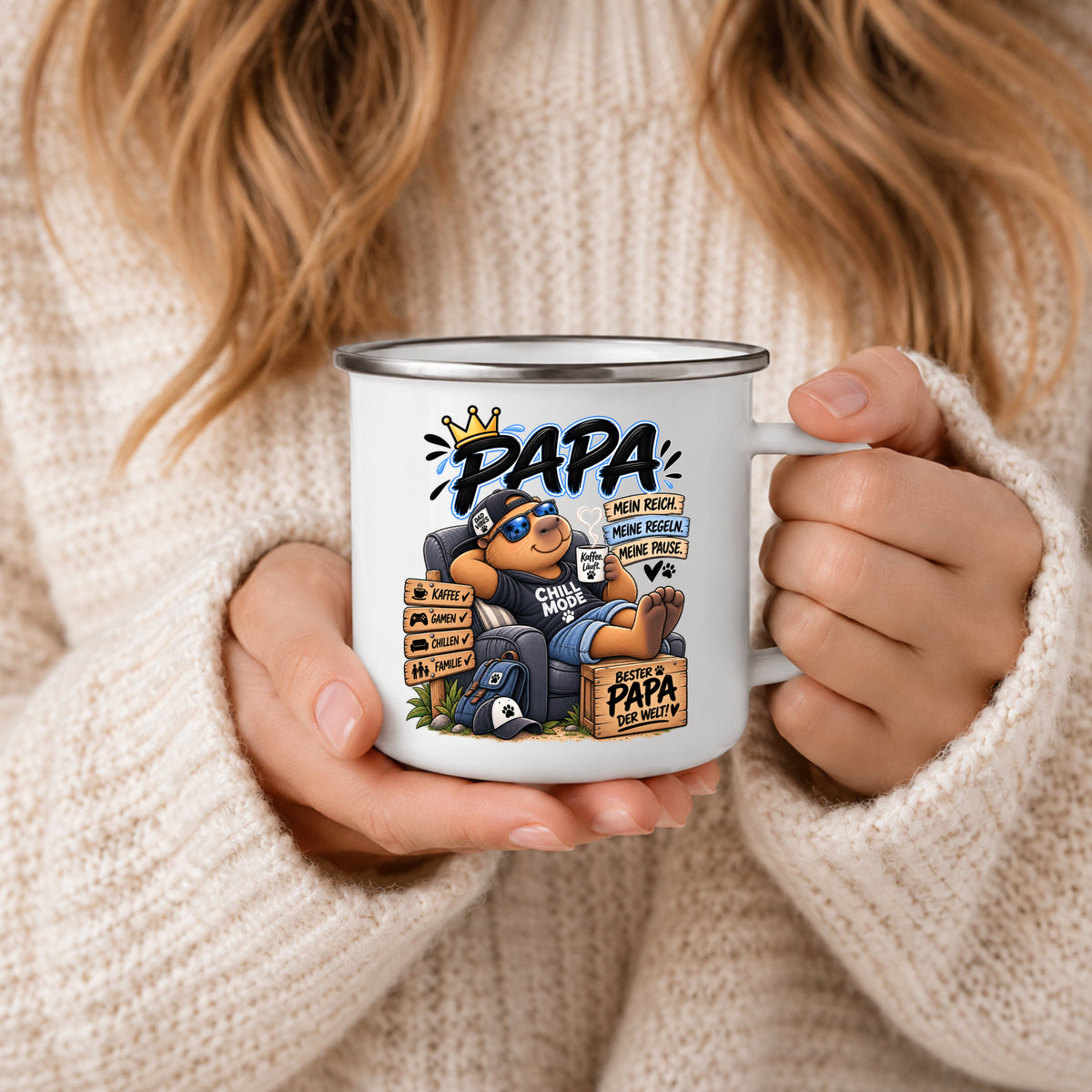 Emaille Becher Papa mit beidseitigem Chill Mode Motiv – lustiges Geschenk für Vater