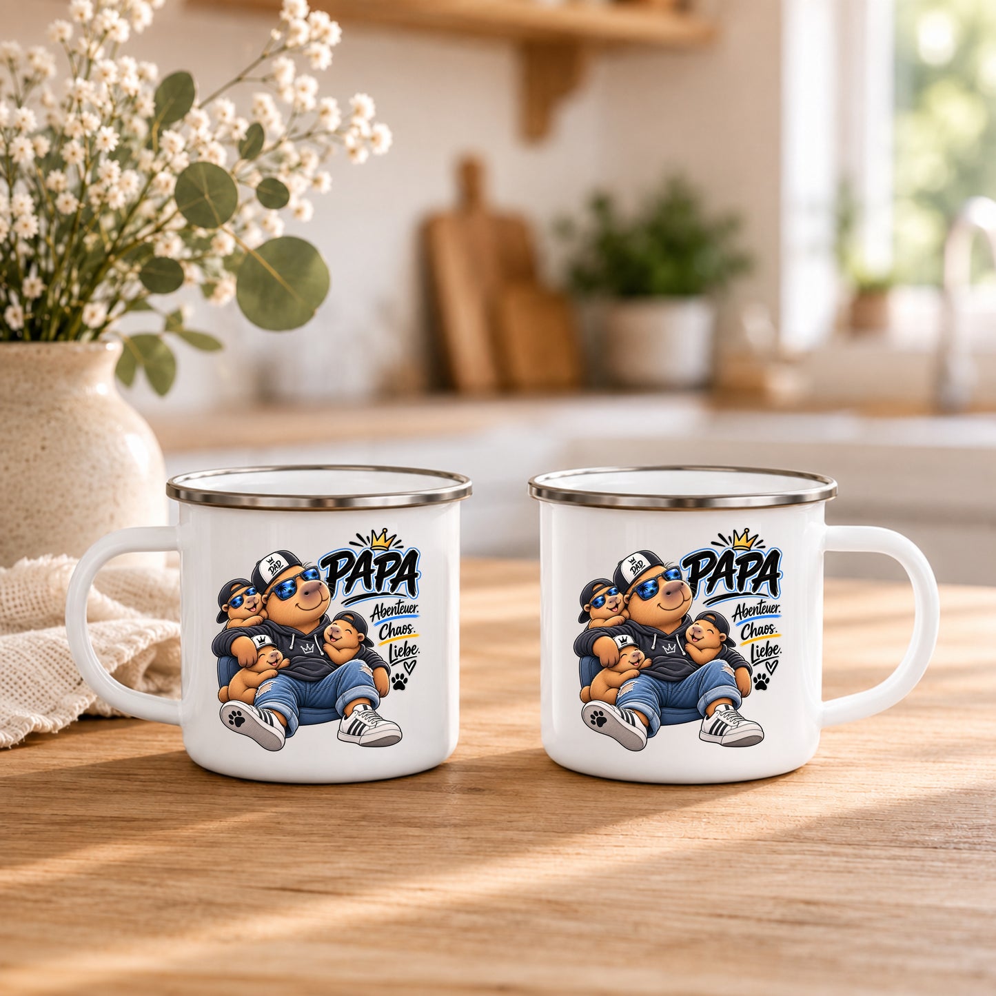 Emaille Becher Papa mit beidseitigem Familien Motiv – Vatertagsgeschenk von Kindern