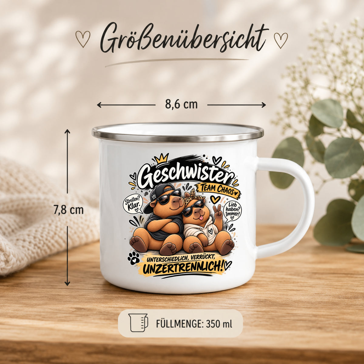 Emaille Tasse Geschwister 350 ml Größenübersicht 8,6 cm Durchmesser und 7,8 cm Höhe
