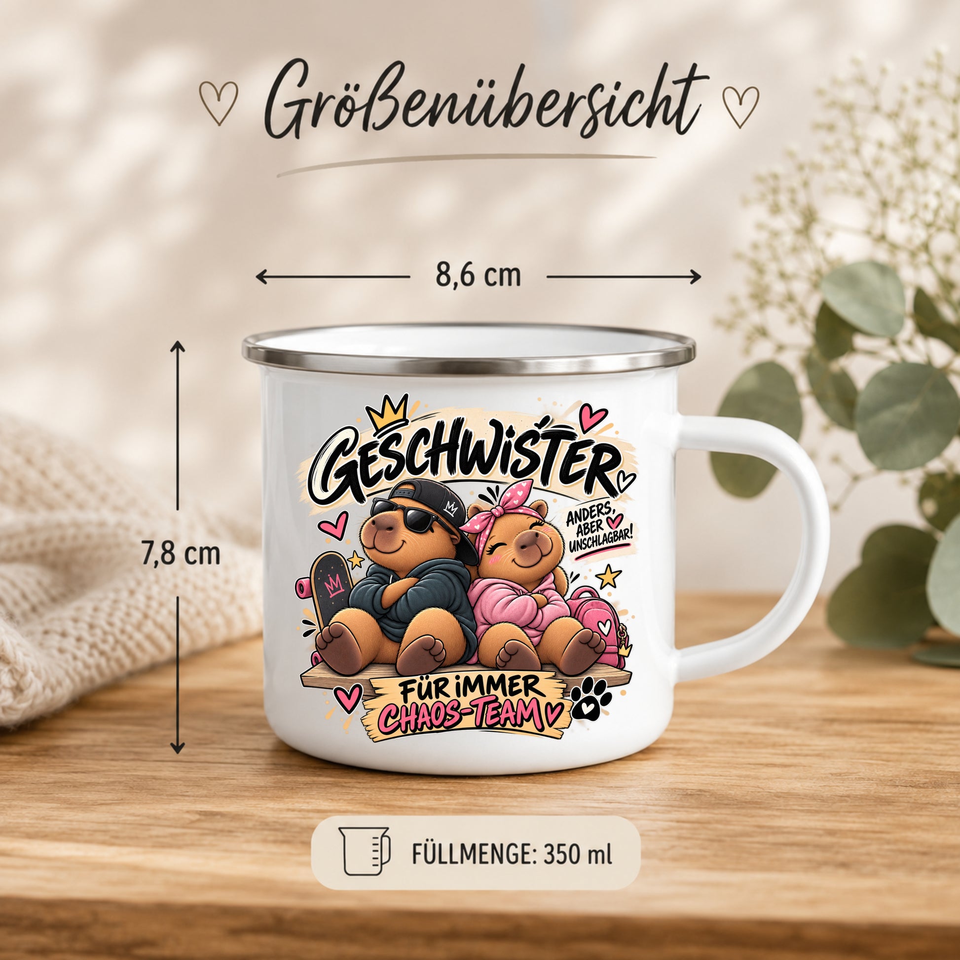 Emaille Tasse Geschwister 350 ml Größenübersicht mit 8,6 cm Durchmesser und 7,8 cm Höhe