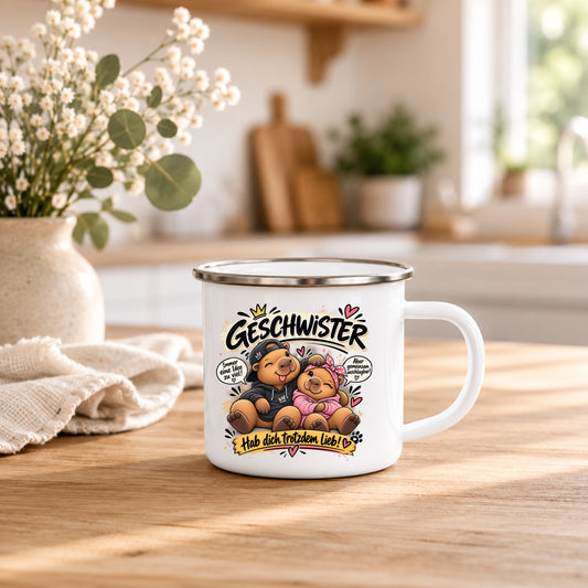 Emaille Tasse Geschwister 350 ml mit Spruch Hab dich trotzdem lieb als Geschenk für Bruder oder Schwester