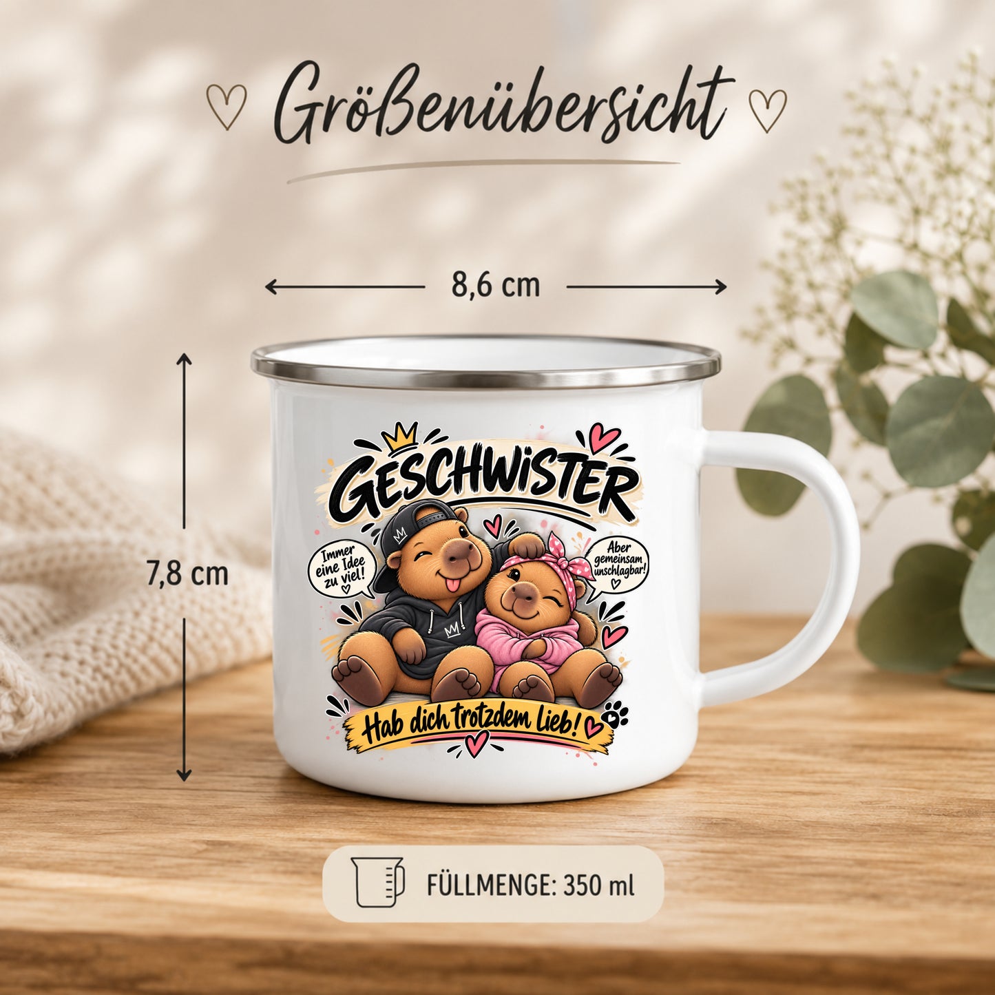 Emaille Tasse Geschwister Größenübersicht 350 ml mit 8,6 cm Durchmesser und 7,8 cm Höhe