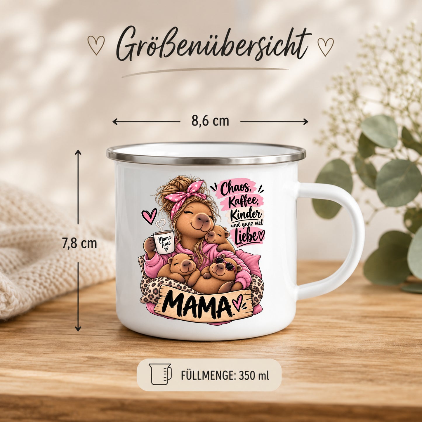 Emaille Tasse Mama 350 ml Größenübersicht mit 8,6 cm Durchmesser und 7,8 cm Höhe