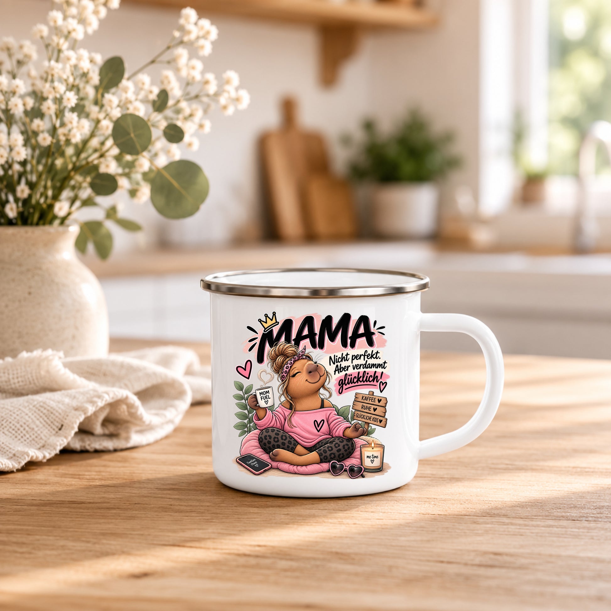 Emaille Tasse Mama 350 ml mit Spruch Chaos Kaffee Kinder und ganz viel Liebe