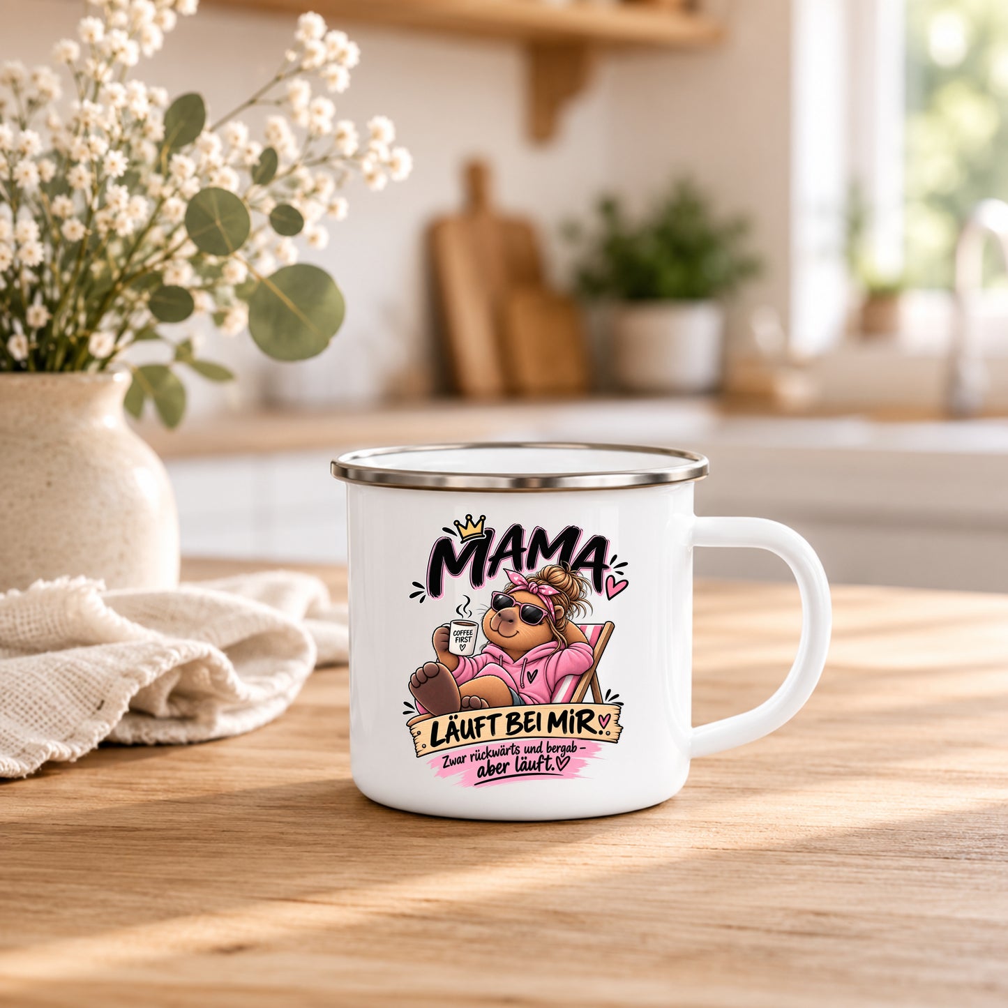 Emaille Tasse Mama 350 ml mit Spruch Chaos Kaffee und Liebe – Geschenk für Mama