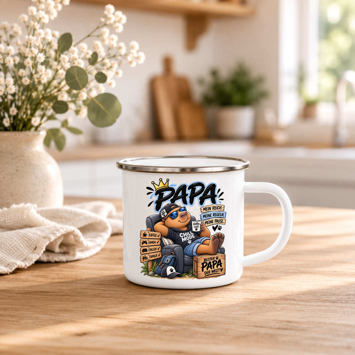 Emaille Tasse Papa 350 ml mit Mein Reich meine Regeln meine Pause Motiv und Größenangaben