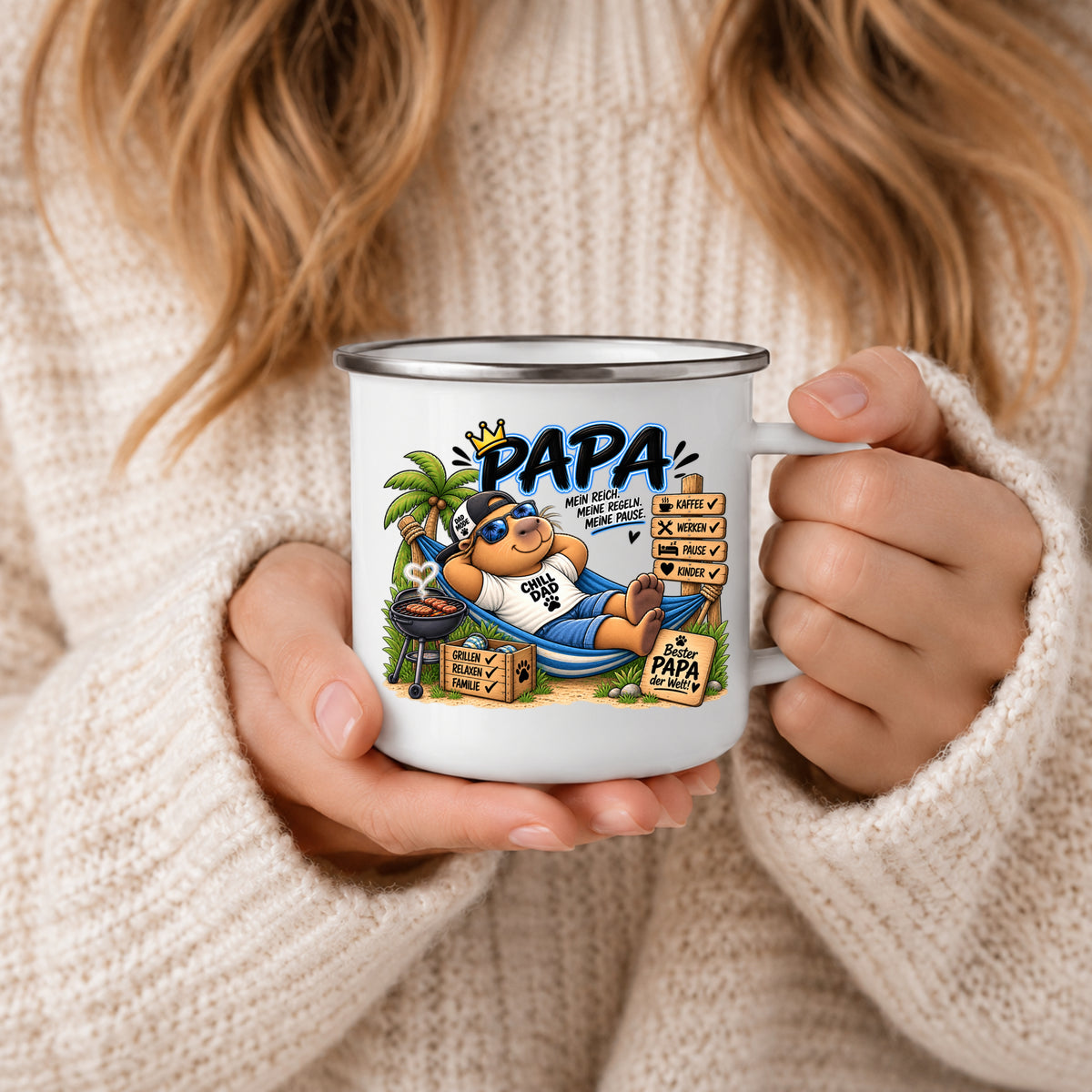 Emaille Tasse Papa 350 ml mit lustigem Chill Dad Motiv – Geschenk für Vater