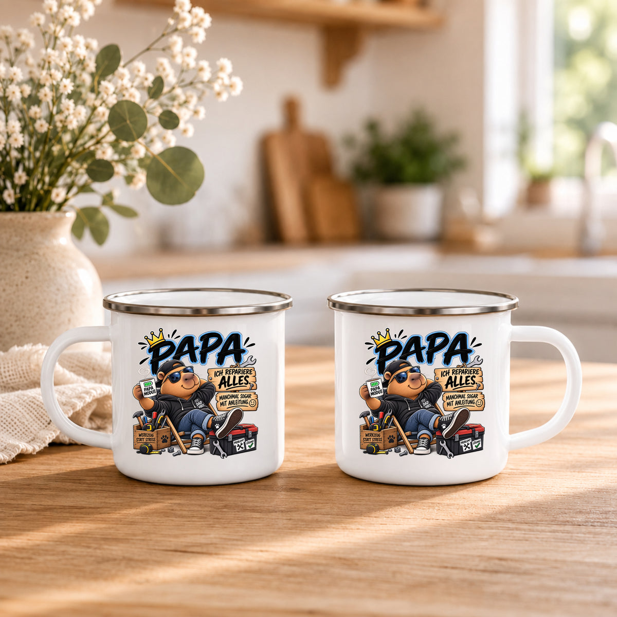 Papa Emaille Tasse mit Handwerker Motiv und lustigem Spruch – Geschenkidee für Väter