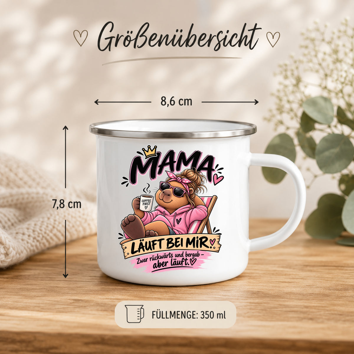 Emaille Tasse für Mama 350 ml – 8,6 cm Durchmesser und 7,8 cm Höhe