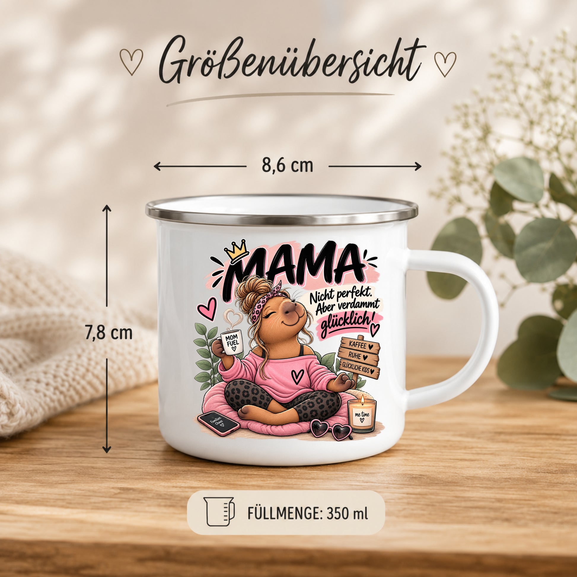 Emaille Tasse für Mama 350 ml mit 8,6 cm Durchmesser und 7,8 cm Höhe