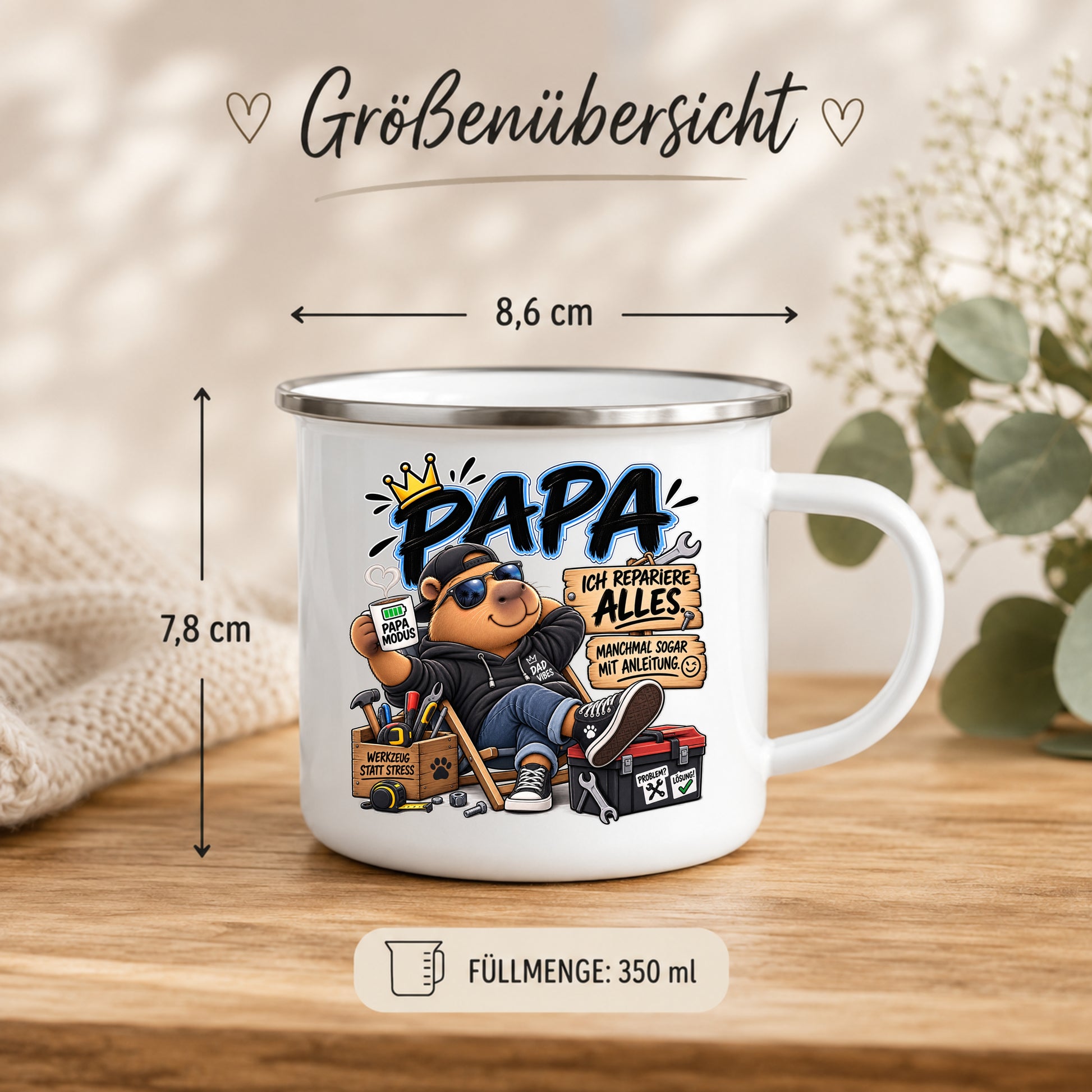 Emaille Tasse für Papa 350 ml – 8,6 cm Durchmesser und 7,8 cm Höhe