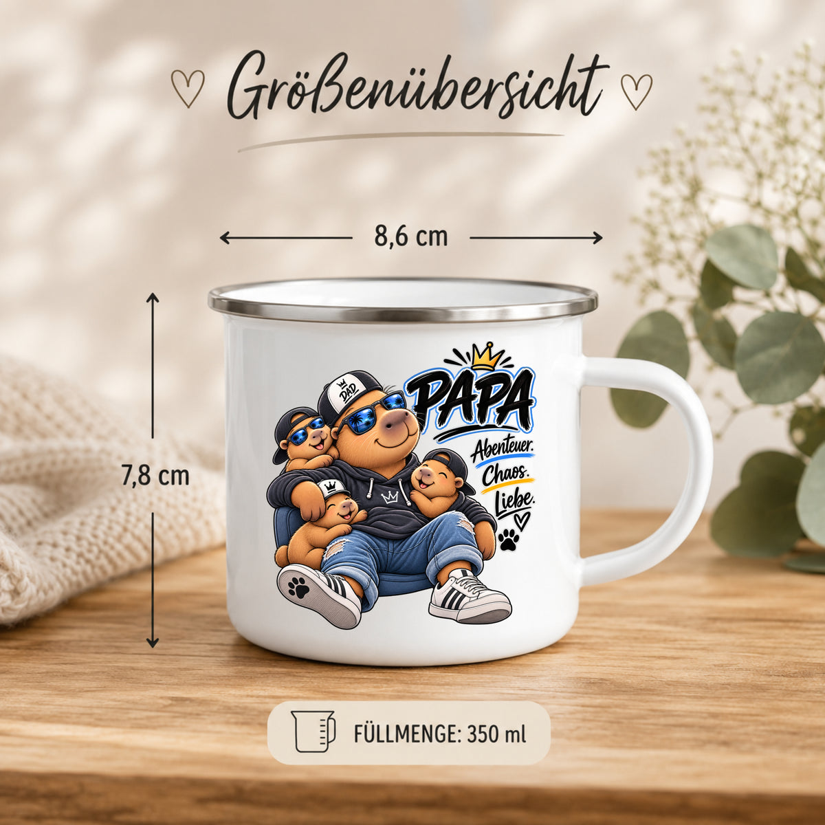 Emaille Tasse für Papa 350 ml mit Kindern – 8,6 cm Durchmesser und 7,8 cm Höhe