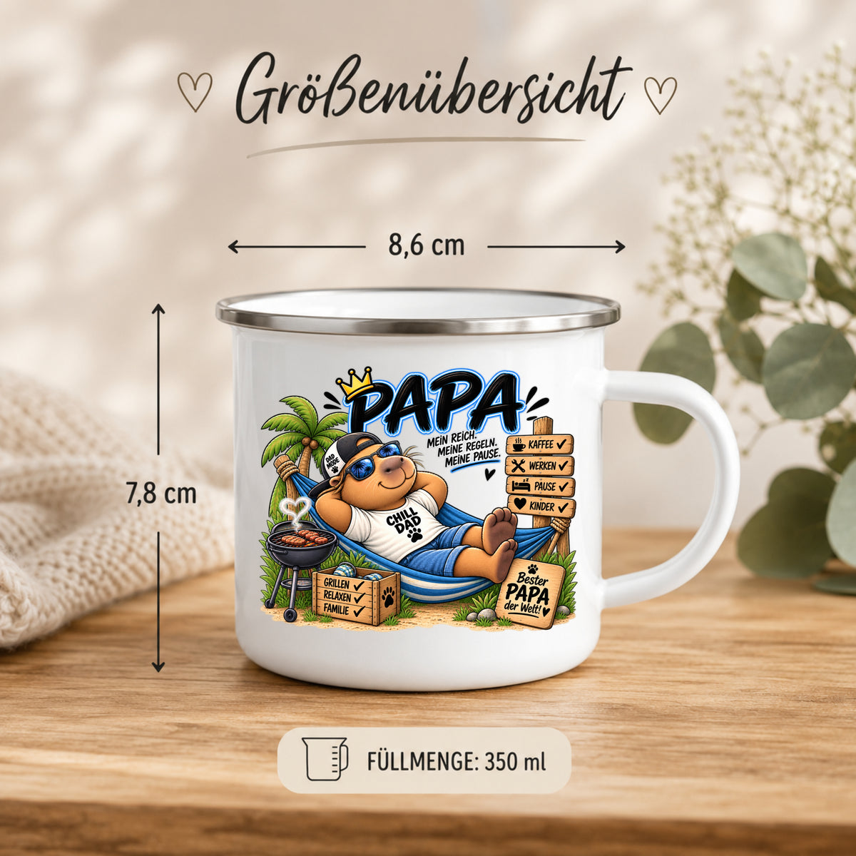 Emaille Tasse für Papa 350 ml – 8,6 cm Durchmesser und 7,8 cm Höhe