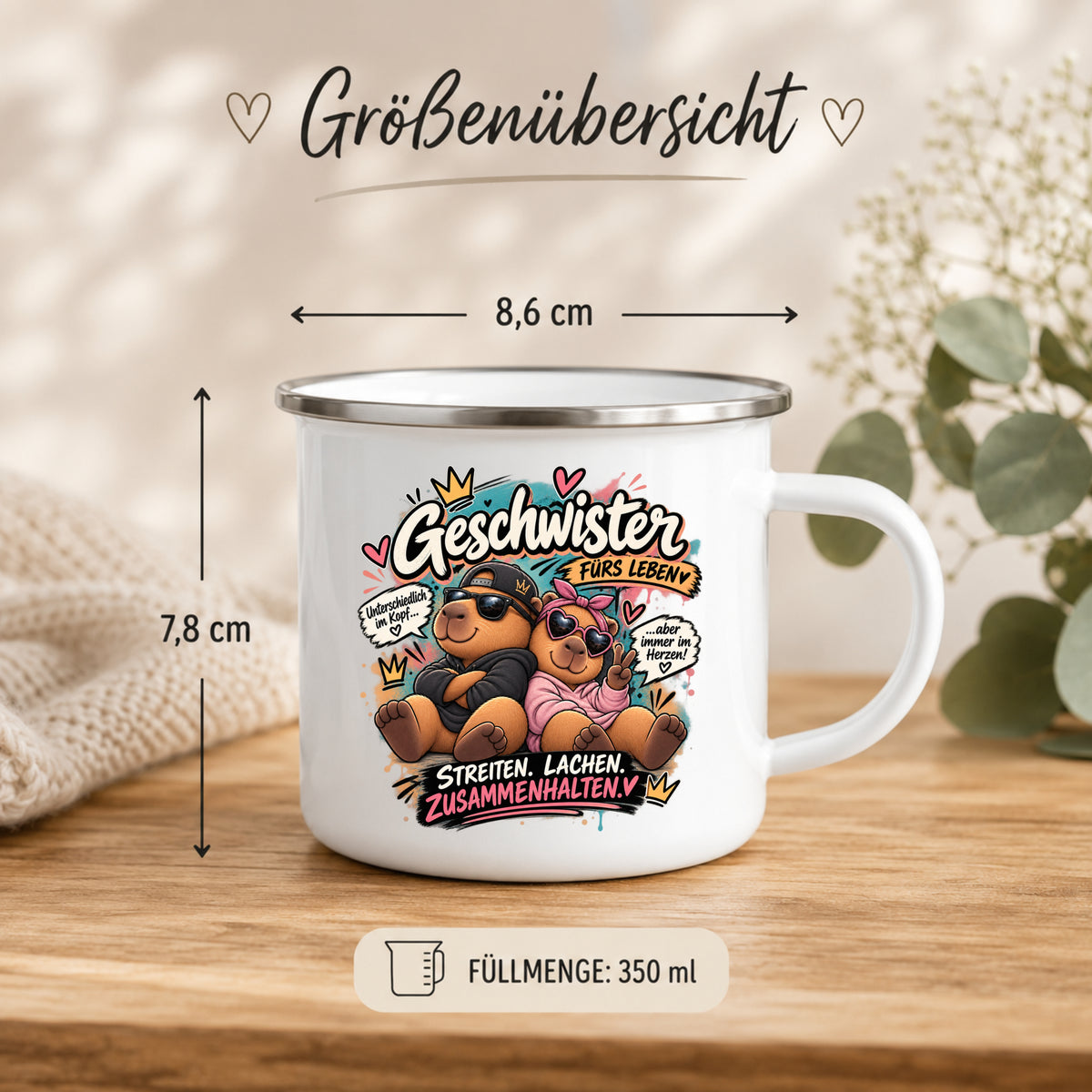 Emaille Tasse Geschwister 350 ml Größenübersicht mit 8,6 cm Durchmesser und 7,8 cm Höhe