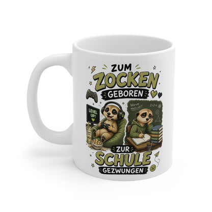 Erdmännchen Gamer Tasse mit Controller, Level-Up Bildschirm und lustiger Schulszene