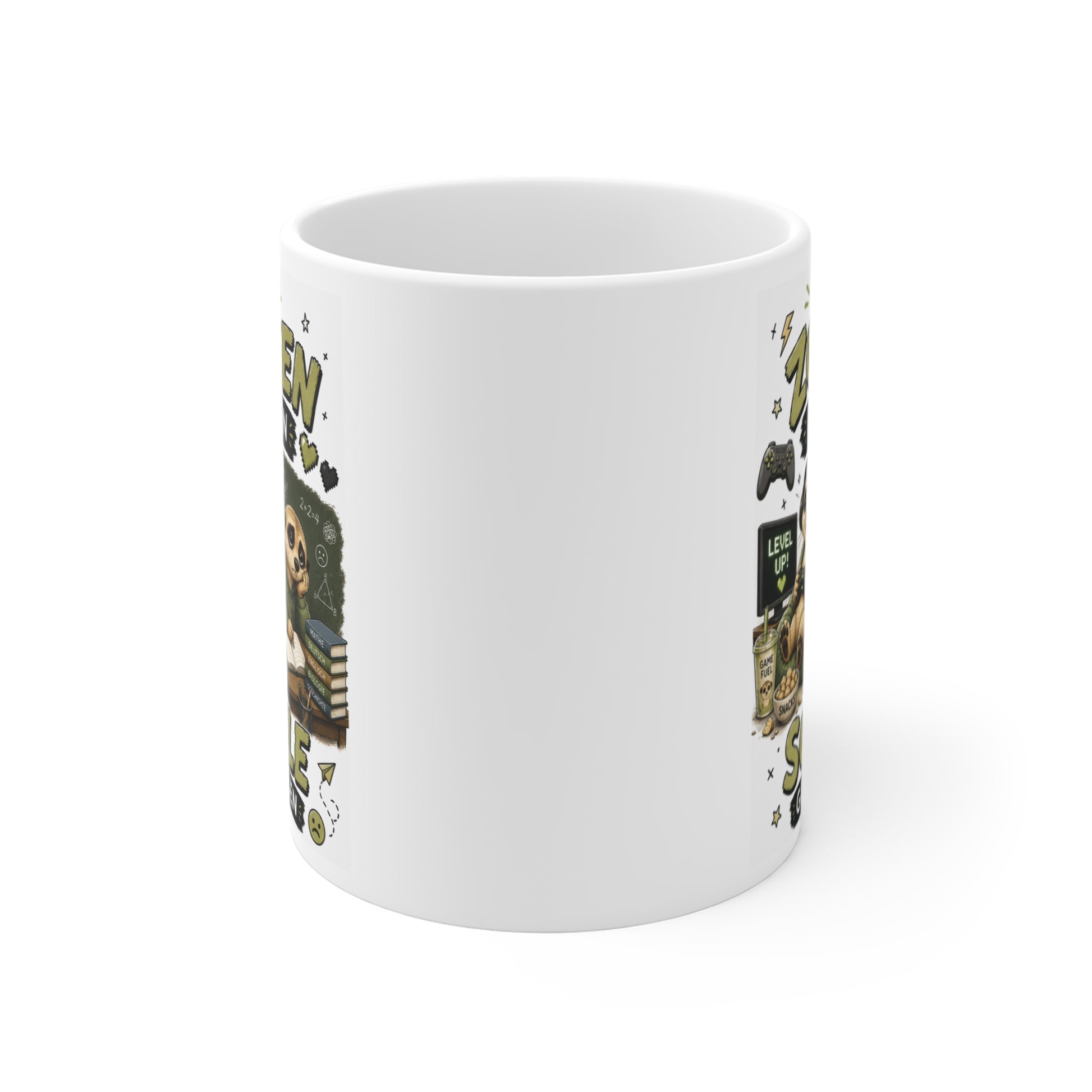 Rundum bedruckte Keramiktasse mit humorvollem Erdmännchen Gaming Design und grünem Schriftzug
