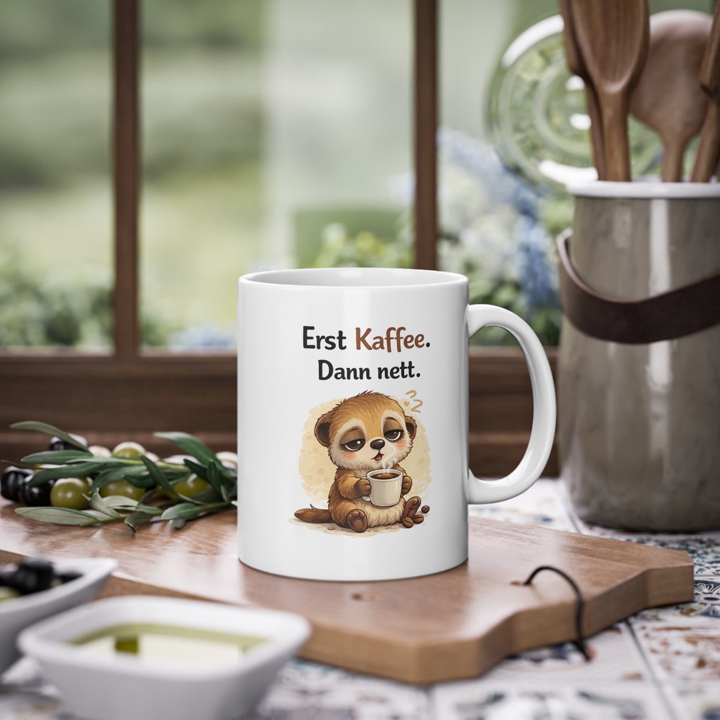 Erdmännchen Tasse mit Spruch – Erst Kaffee dann nett – lustige Kaffeetasse Geschenk Büro Kollegen