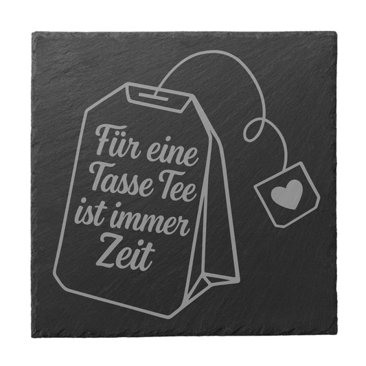 Schiefer Untersetzer Für eine Tasse Tee ist immer Zeit, Runder Untersetzer mit Teebeutel und Herz, Gravierter Naturschiefer Untersetzer für Tee Fans, Achtsamkeit Geschenk mit Tee Motiv, Dekorativer Schiefer Untersetzer mit ruhigem Spruch