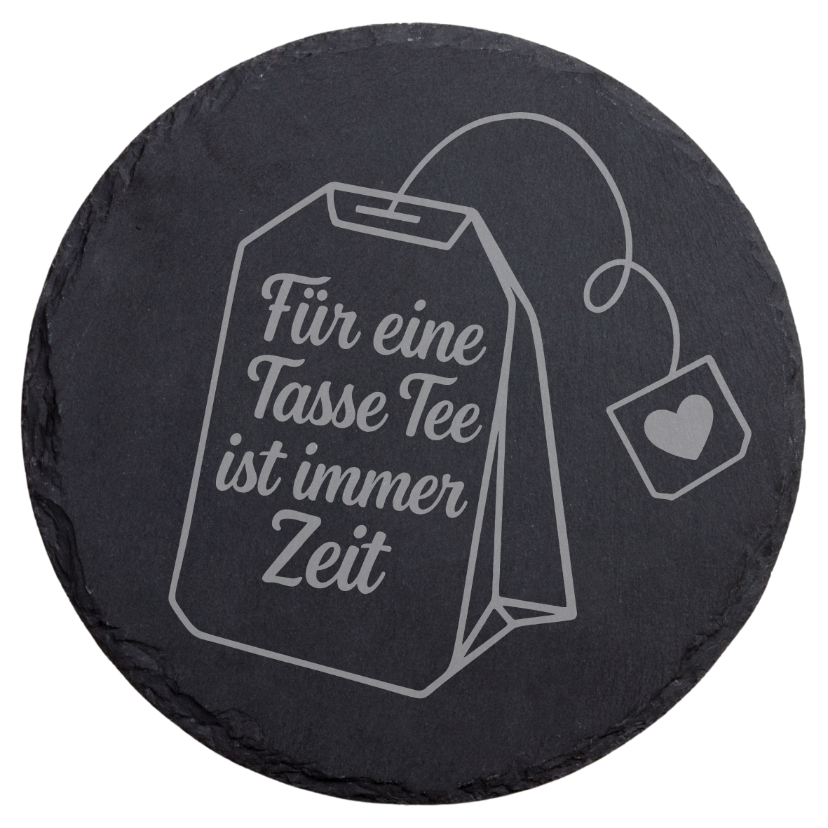 Schiefer Untersetzer Für eine Tasse Tee ist immer Zeit, Runder Untersetzer mit Teebeutel und Herz, Gravierter Naturschiefer Untersetzer für Tee Fans, Achtsamkeit Geschenk mit Tee Motiv, Dekorativer Schiefer Untersetzer mit ruhigem Spruch