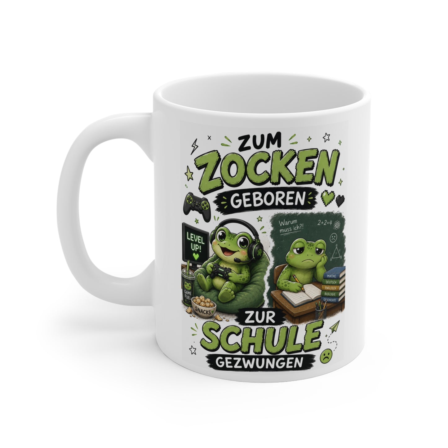 Keramiktasse mit Gaming Frosch, Controller, Level Up Bildschirm und lustigem Schüler Motiv