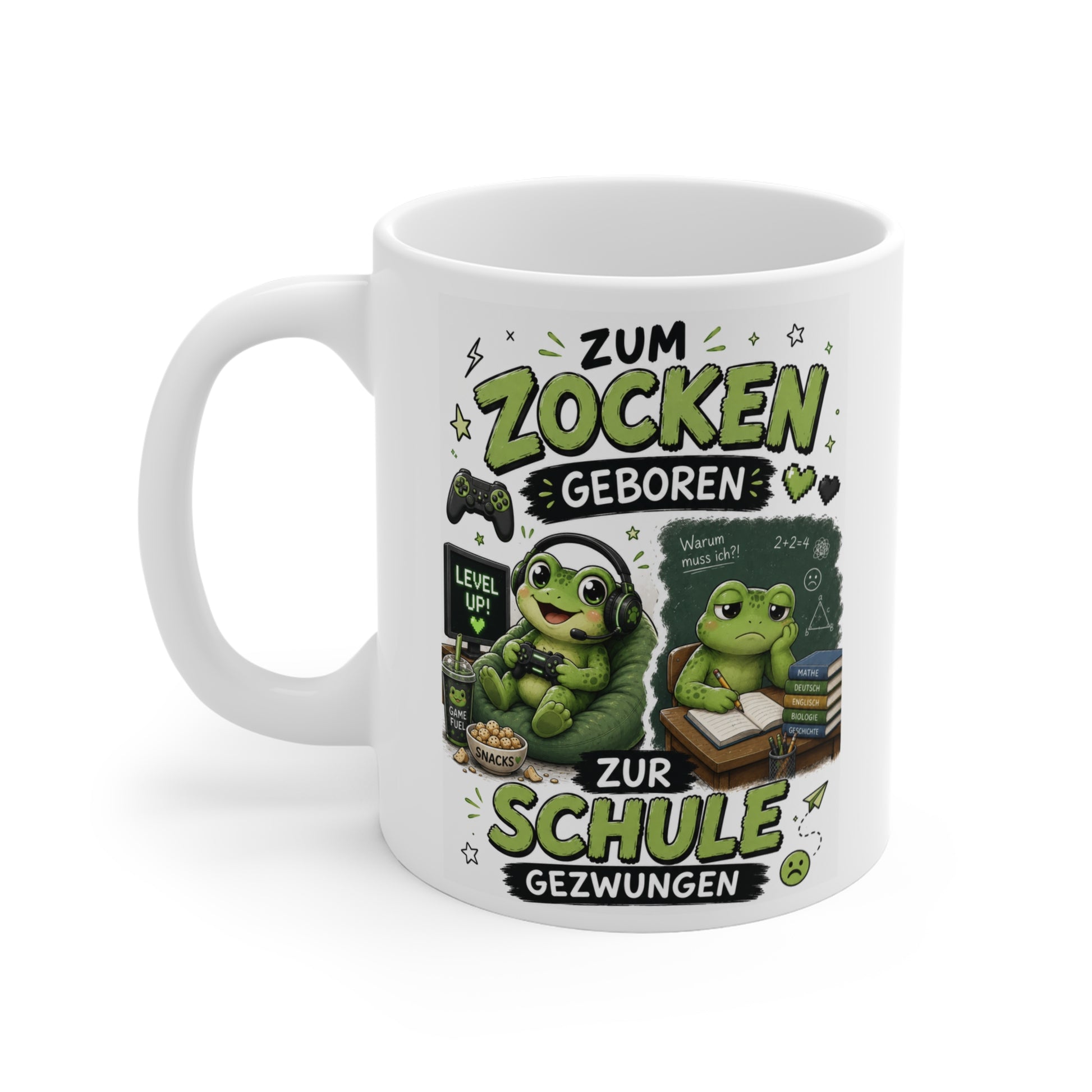 Keramiktasse mit Gaming Frosch, Controller, Level Up Bildschirm und lustigem Schüler Motiv