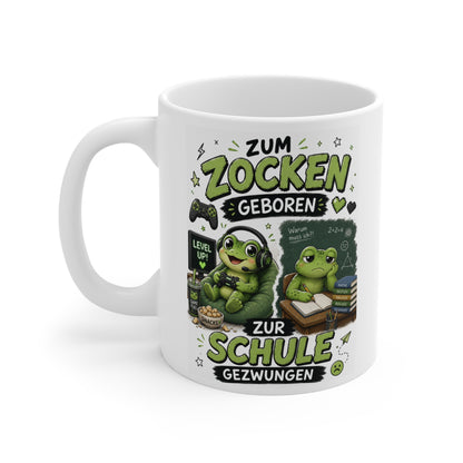 Keramiktasse mit Gaming Frosch, Controller, Level Up Bildschirm und lustigem Schüler Motiv