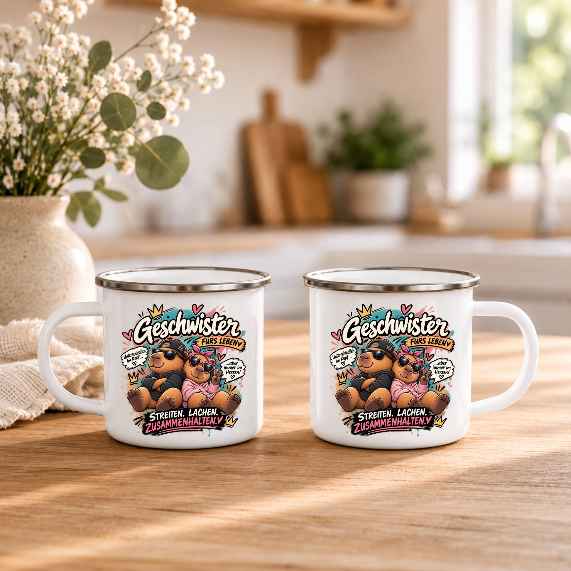 Geschwister Emaille Becher mit beidseitigem Motiv Geschwister fürs Leben