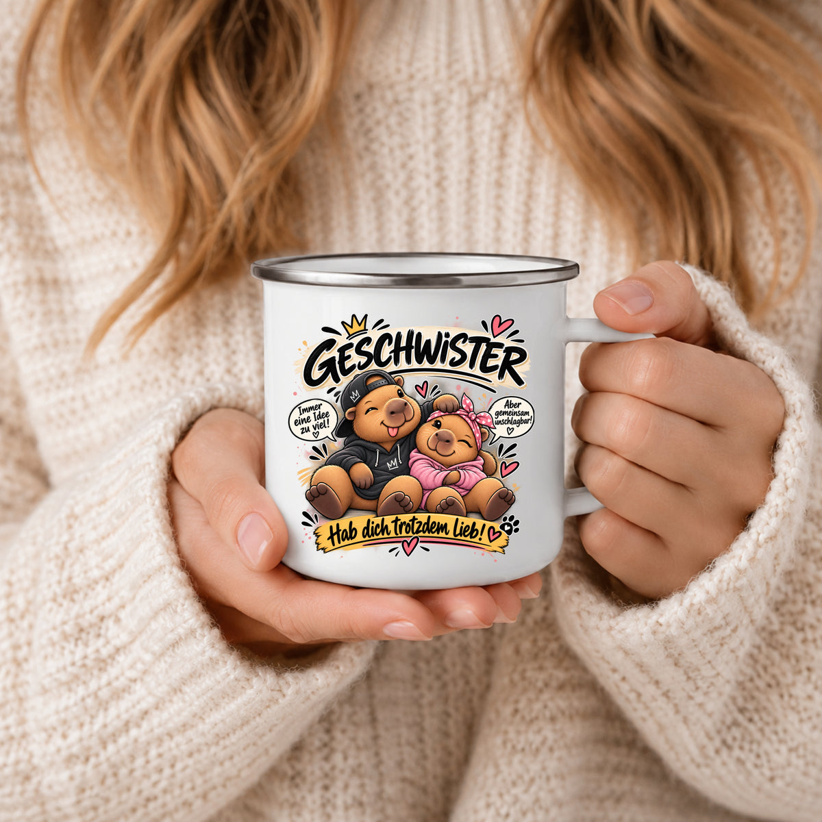 Geschwister Emaille Becher mit lustigem Bruder Schwester Motiv und Spruch gemeinsam unschlagbar