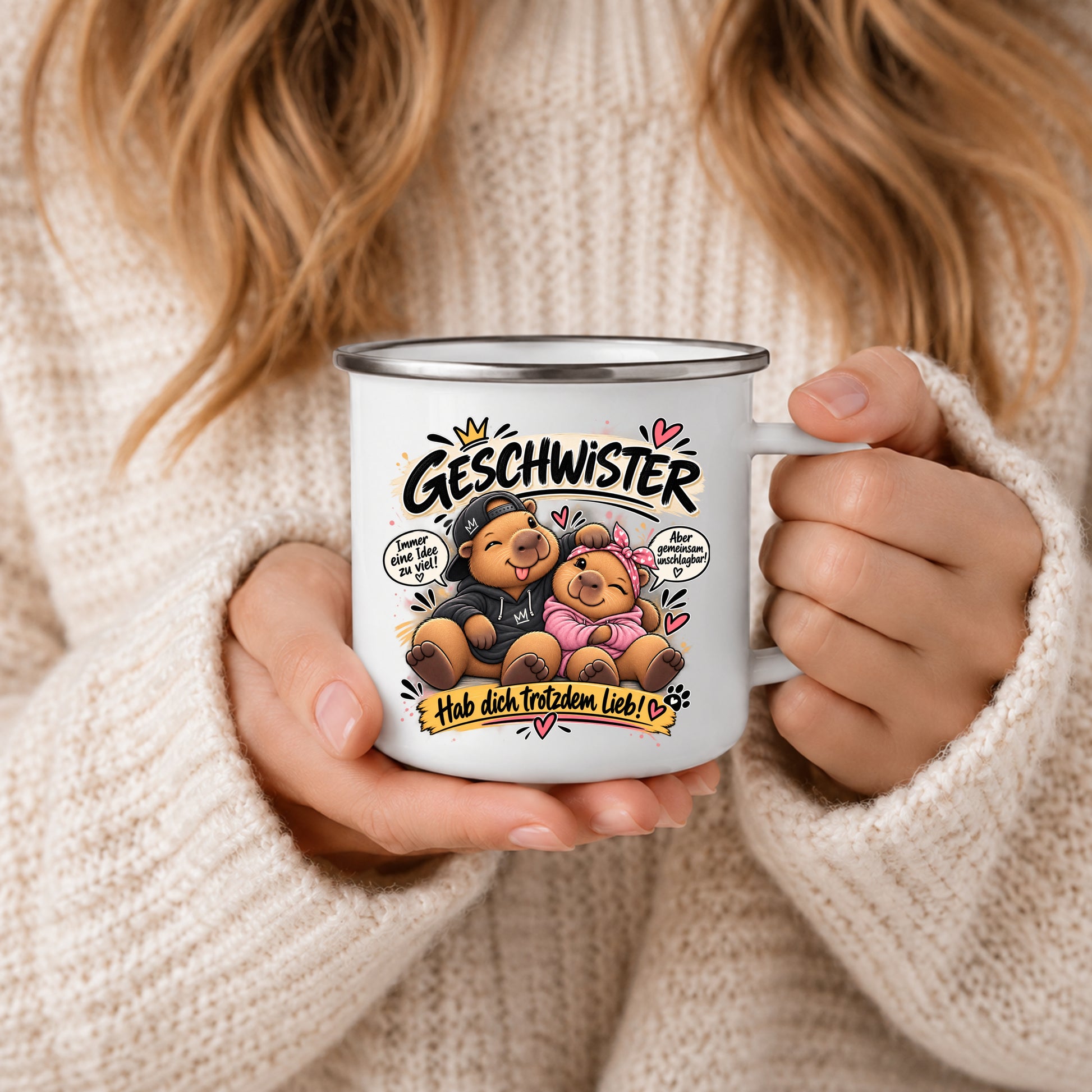 Geschwister Emaille Becher mit lustigem Bruder Schwester Motiv und Spruch gemeinsam unschlagbar