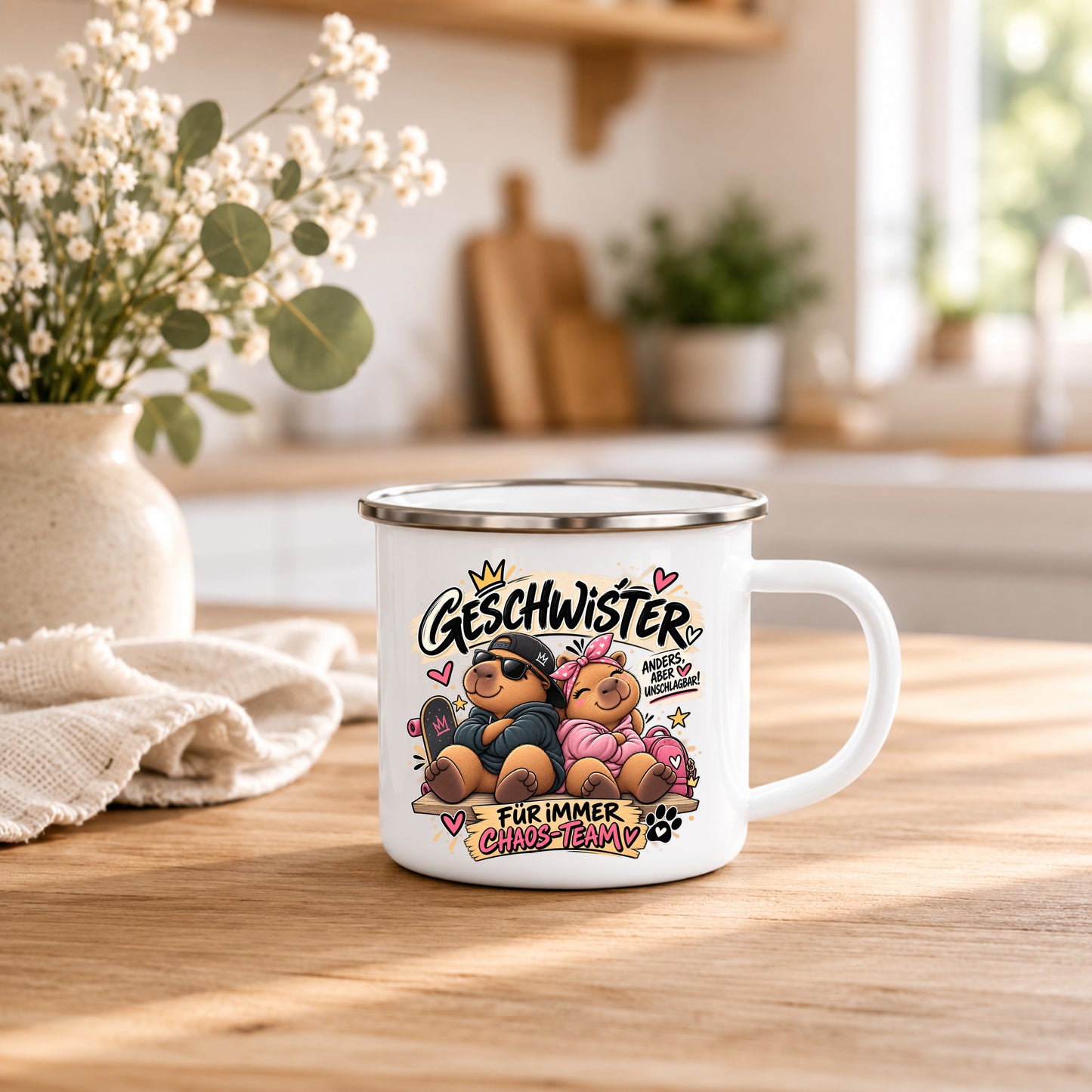 Geschwister Emaille Becher mit lustigem Motiv Anders aber unschlagbar und Für immer Chaos-Team