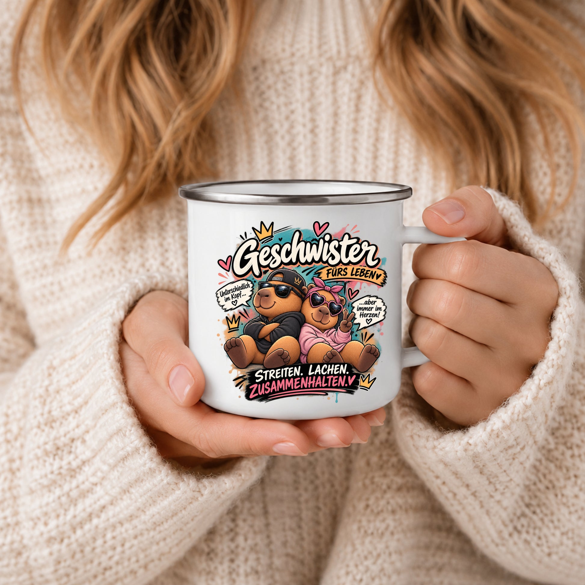 Geschwister Tasse mit Spruch Streiten Lachen Zusammenhalten als Geschenk für Bruder und Schwester