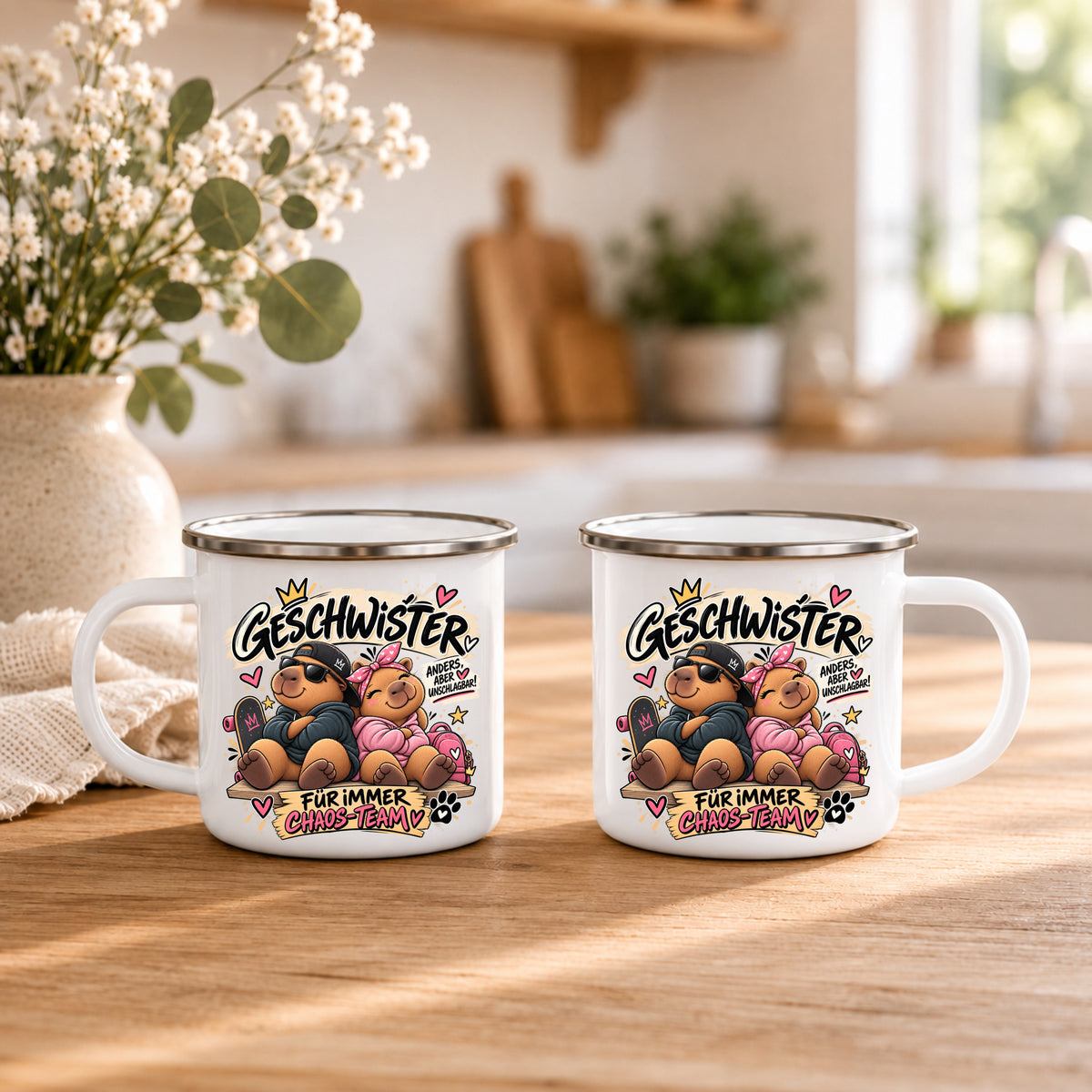 Geschwister Tasse mit beidseitigem Chaos-Team Motiv als Geschenk für Schwester oder Bruder