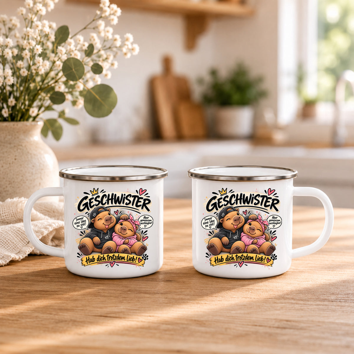 Geschwister Tasse mit beidseitigem Motiv Hab dich trotzdem lieb als Geschenk für Schwester und Bruder