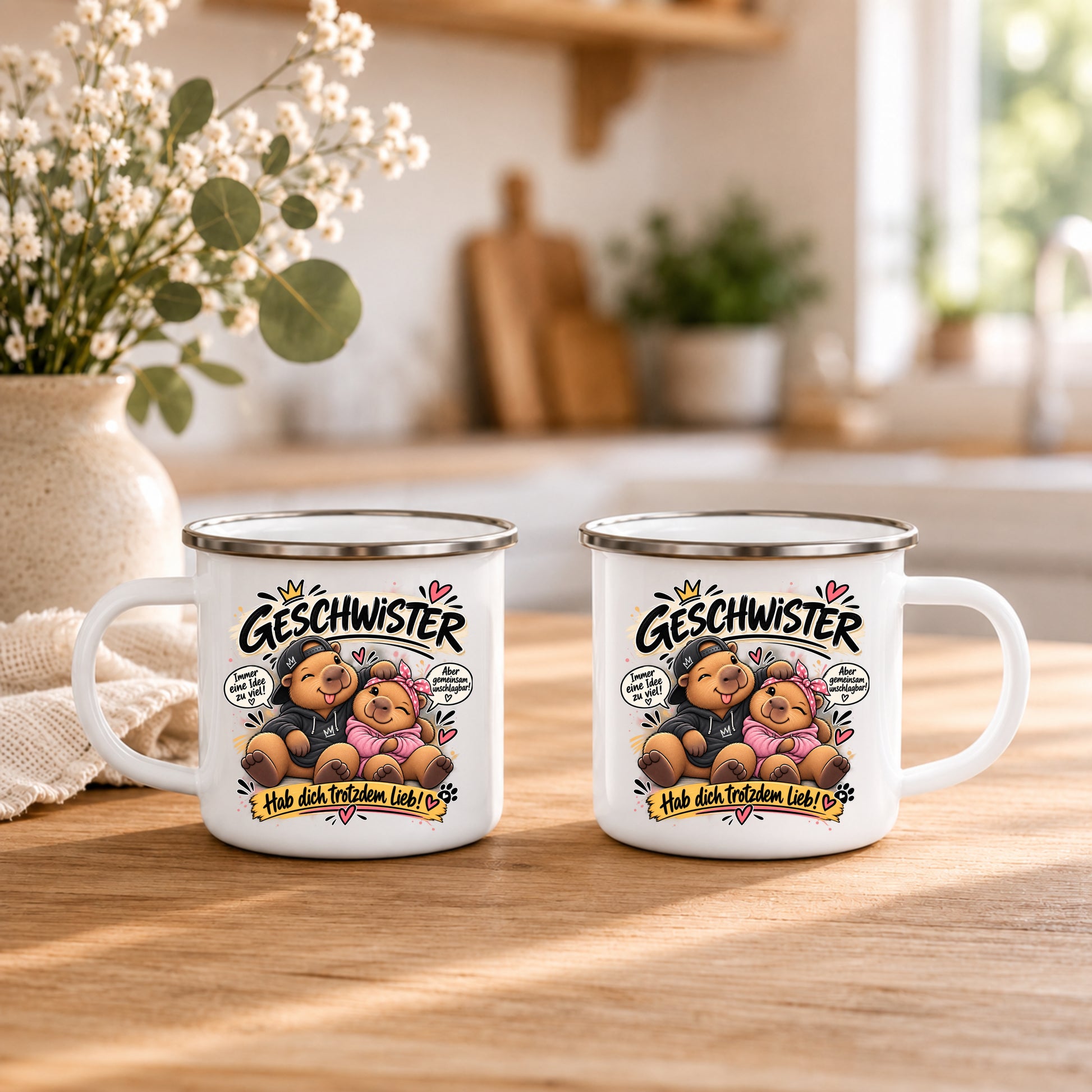 Geschwister Tasse mit beidseitigem Motiv Hab dich trotzdem lieb als Geschenk für Schwester und Bruder