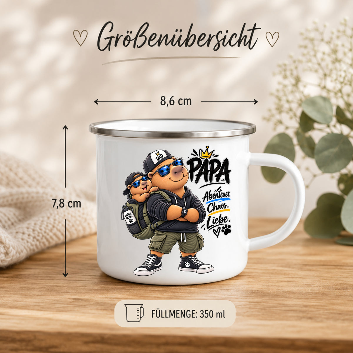 Größenübersicht der Papa Emaille Tasse mit 8,6 cm Durchmesser, 7,8 cm Höhe und 350 ml Füllmenge