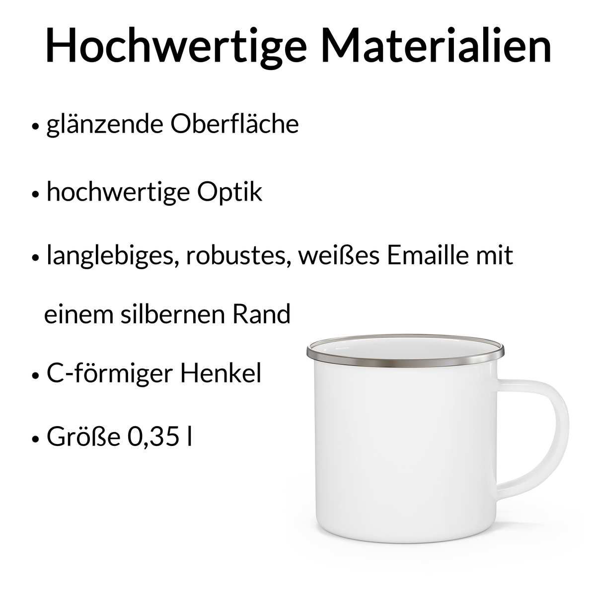 Größenübersicht der Papa Emaille Tasse mit 8,6 cm Durchmesser, 7,8 cm Höhe und 350 ml Füllmenge