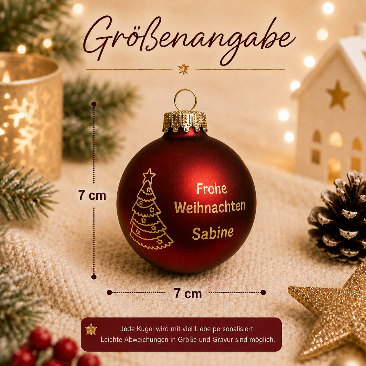 Größenangabe 7 cm für personalisierte Weihnachtskugel mit Weihnachtsbaum Frohe Weihnachten und Name