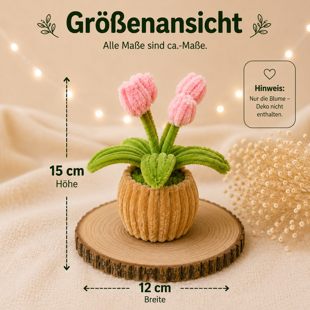 Größenansicht der Tulpen-Deko aus Chenilledraht mit ca. 15 cm Höhe und 12 cm Breite