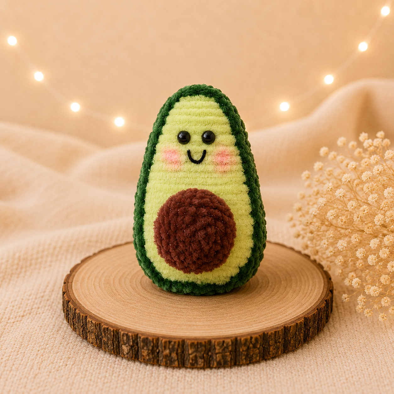 Handgefertigte Avocado-Deko aus Chenilledraht mit niedlichem Gesicht und braunem Avocado-Kern