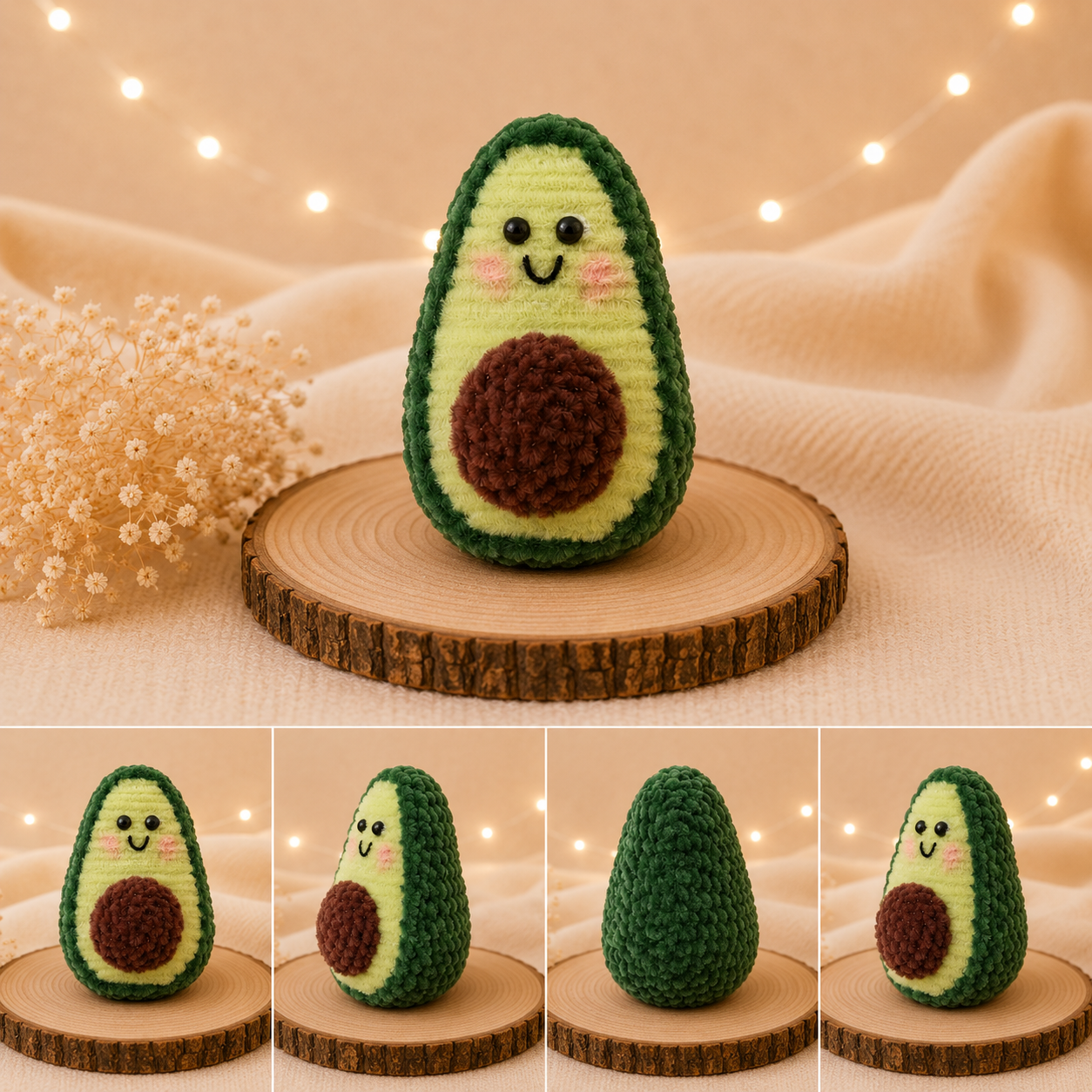 Handgefertigte Avocado-Dekofigur aus Chenilledraht aus verschiedenen Perspektiven