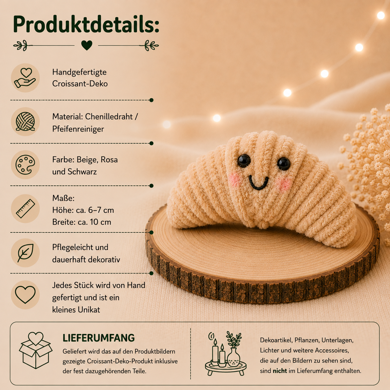 Handgefertigte Croissant-Deko aus Chenilledraht mit Gesicht und Produktdetails
