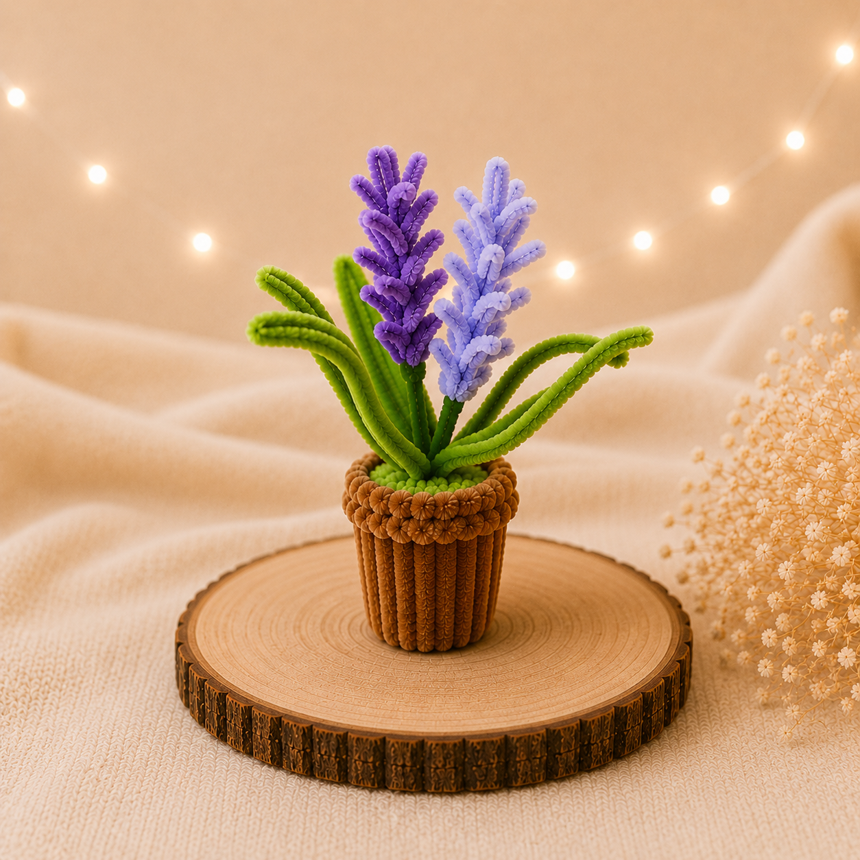 Handgefertigte Lavendel-Deko aus Chenilledraht mit violetten Blüten, grünen Blättern und braunem Topf