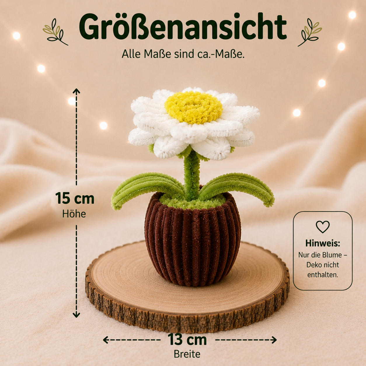 Handgefertigte Margeriten-Deko aus Chenilledraht mit ca. 15 cm Höhe und 13 cm Breite
