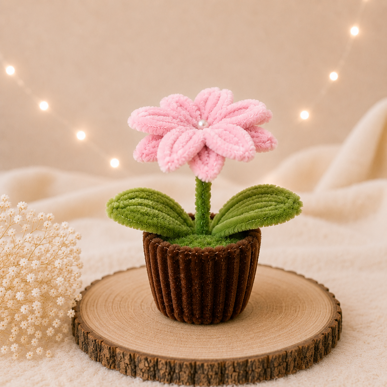 Handgefertigte rosa Blumen-Deko aus Chenilledraht mit grünen Blättern und braunem Blumentopf