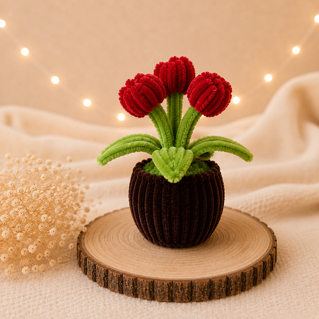 Handgefertigte rote Tulpen-Deko aus Chenilledraht mit drei Tulpen und braunem Blumentopf